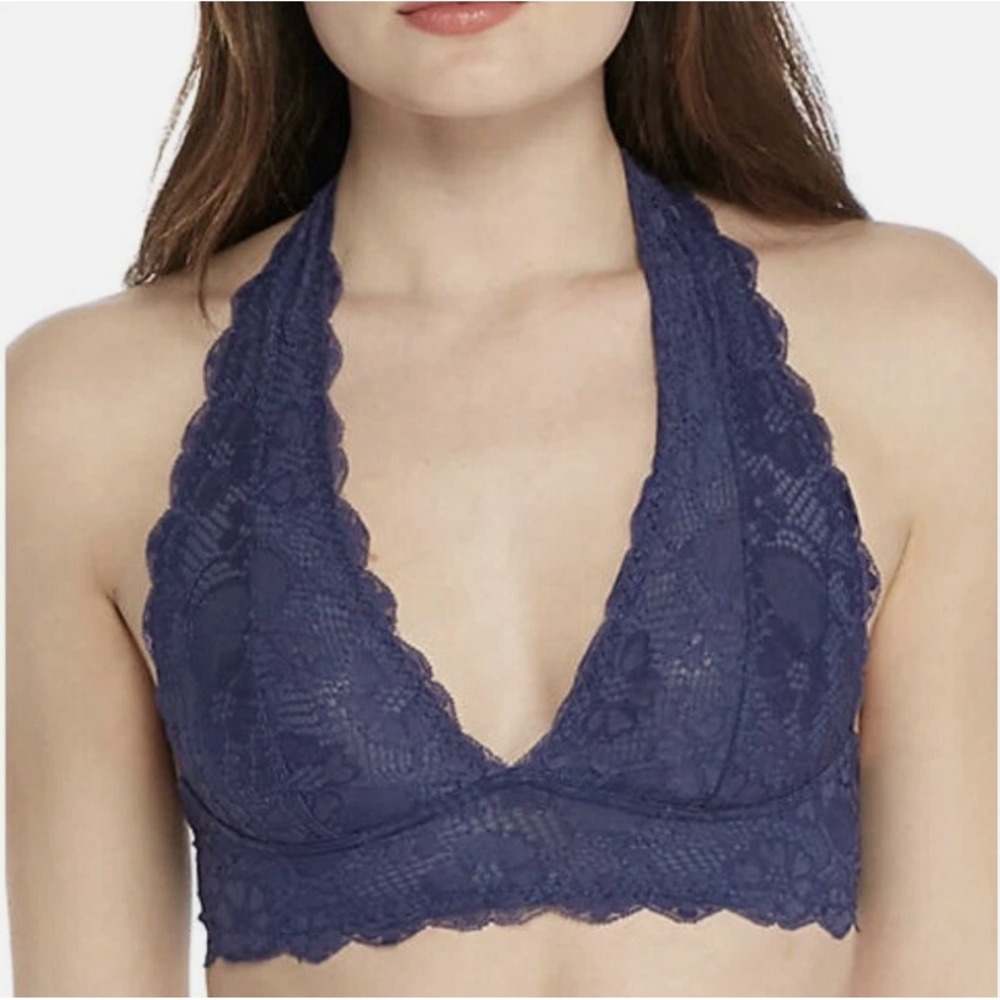 NWT Free People Galloon Lace Halter Bralette Women's Size Small Navy Blue